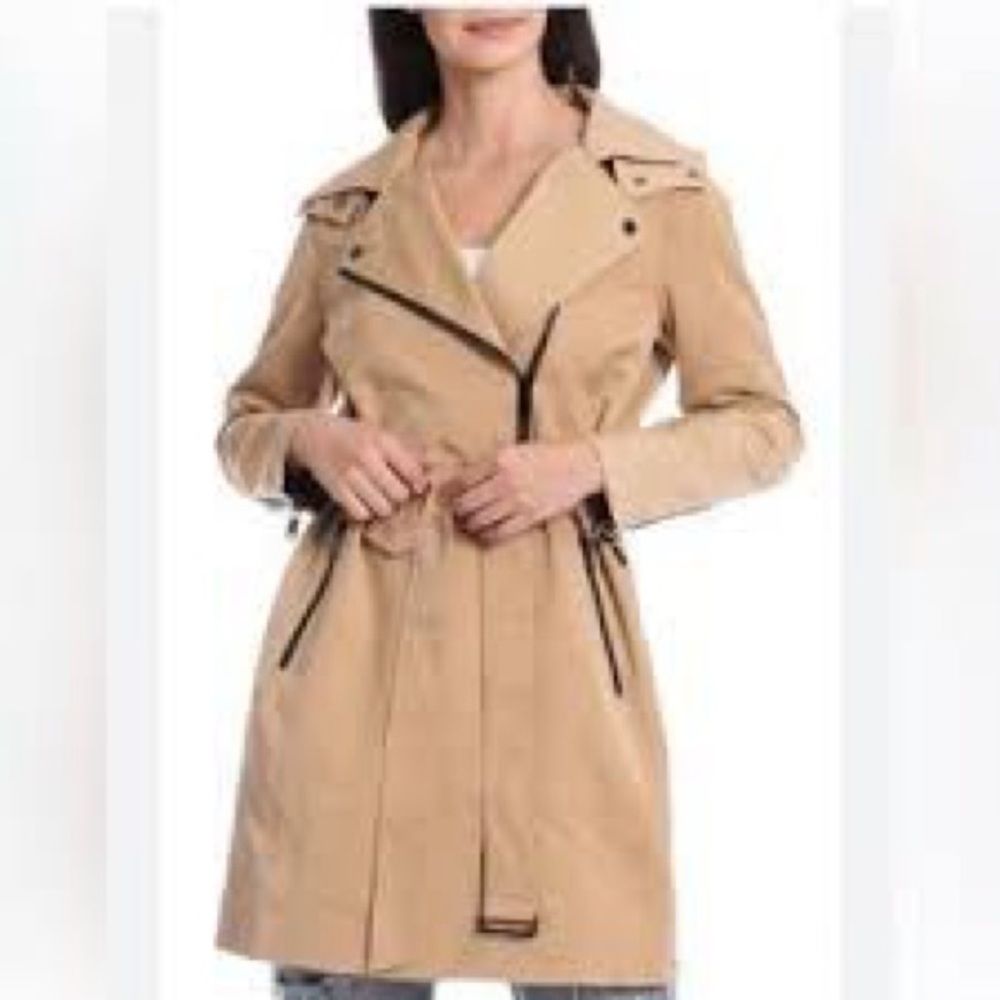 Avec Les Filles Tan Moto Trench Coat Removable Hood Zip Belted Jacket